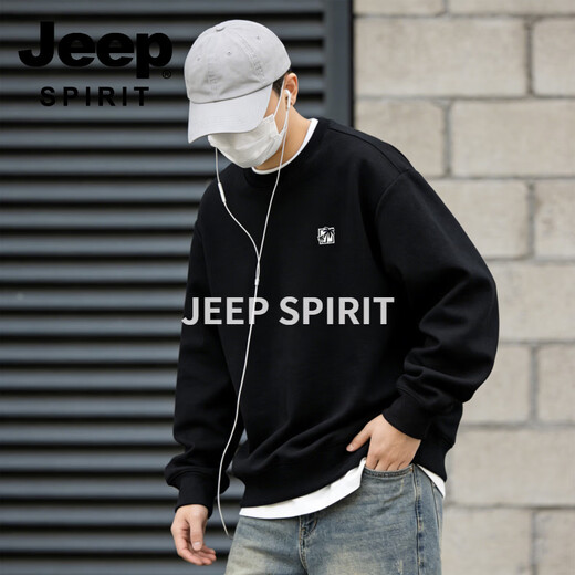 JEEP SPIRIT round neck sweatshirt for men 2026 spring new style loose and versatile small casual long-sleeved bottoming shirt versatile and casual black S 95-120 Jin Jin is equal to 0.5 kg