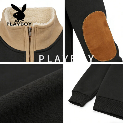 Playboy (PLAYBOY) 2026 European and American new style sweatshirt retro splicing embroidery half-cardigan men's long-sleeved sweatshirt outdoor casual sweatshirt black S 55-70