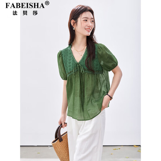 Fabersa brand pastoral style breathable ramie shirt for women 2026 summer new style hollow embroidered V-neck tie short-sleeved top dill green L (recommended 110-120Jin Jin equals 0.5kg)