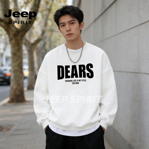 JEEP SPIRIT American heavyweight sweatshirt for men 2026 spring loose round neck pullover versatile long-sleeved bottoming shirt top white S (95-120Jin Jin equals 0.5kg)