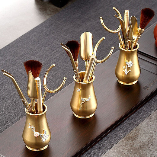 Jiutang silver-inlaid brass tea ceremony six gentlemen tea cup tea leaves tea clip tea knife needle tweezers tea spoon spatula set tea accessories brass inlaid silver six gentlemen orchid
