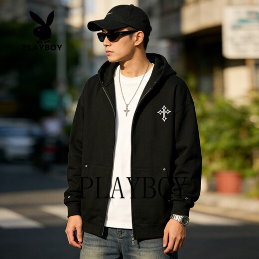 Playboy heavyweight trendy brand hooded cardigan sweatshirt for men 2026 spring and autumn loose casual versatile jacket men's top black S 85-105