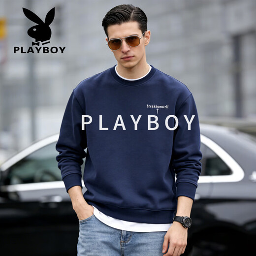 Playboy (PLAYBOY) American heavyweight round neck sweatshirt for men 2026 spring loose large size trendy velvet bottoming shirt top dark blue S recommended 95-120Jin Jin equals 0.5 kg