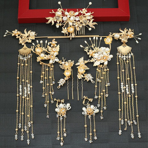 Super fairy Hanfu headdress set, tassel phoenix crown, Xiapei hair accessories, Xiuhe suit, golden costume and ancient style accessories