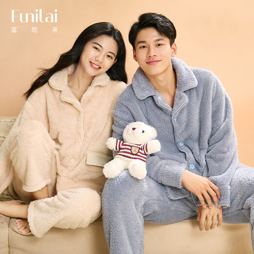 Funilai coral velvet pajamas for men and women to wear outside, 2025 new autumn and winter velvet thickened home clothes set, men's style - haze blue XL