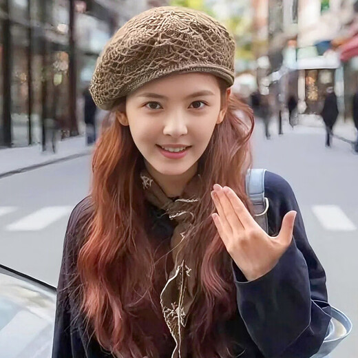 Zhang Ruonan brown beret women's spring and autumn thin breathable painting painter's hat Japanese large head circumference knitted hat dark brown M (56-58cm)