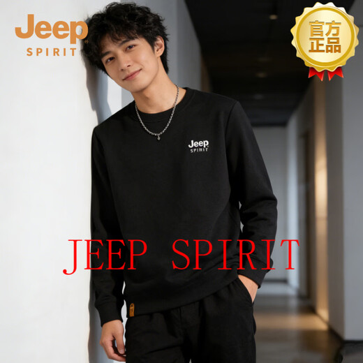 JEEP SPIRIT sweatshirt men's 2026 spring new American casual loose round neck pullover versatile long-sleeved top black M