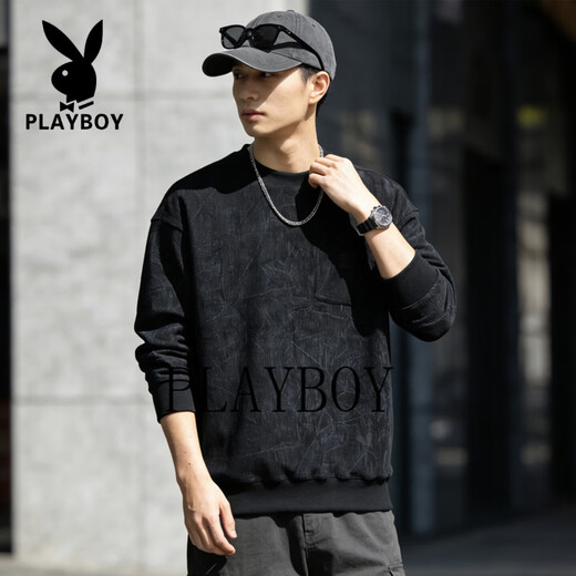 花花公子美式复古宽松卫衣男2026春秋季潮牌长袖套头打底衫男装上衣 黑色 4XL 175-195斤
