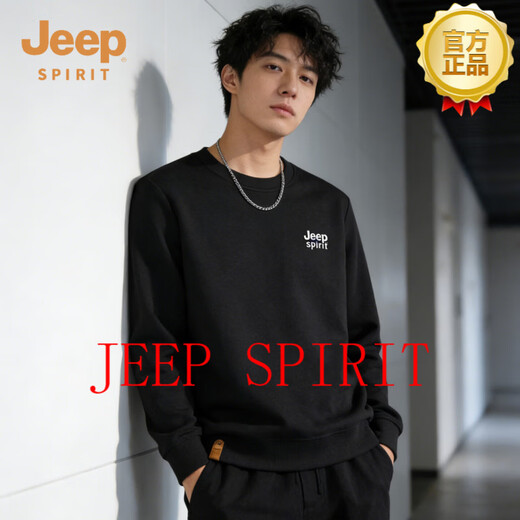 JEEP SPIRIT sweatshirt men's 2026 spring new American casual loose round neck pullover versatile long-sleeved top black M