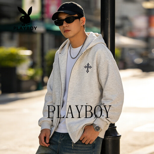 Playboy heavyweight trendy brand hooded cardigan sweatshirt for men 2026 spring and autumn loose casual versatile jacket men's top black S 85-105