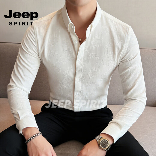 JEEP SPIRIT British style long-sleeved shirt men's business casual shirt slim-fitting non-iron printed top 2026 spring white S