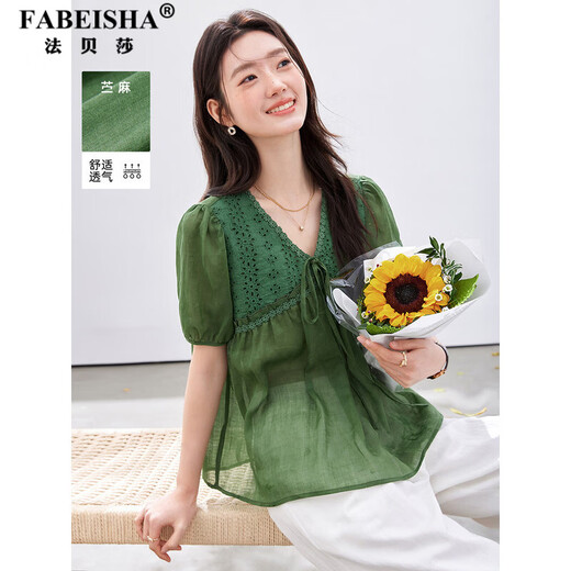 Fabersa brand pastoral style breathable ramie shirt for women 2026 summer new style hollow embroidered V-neck tie short-sleeved top dill green L (recommended 110-120Jin Jin equals 0.5kg)