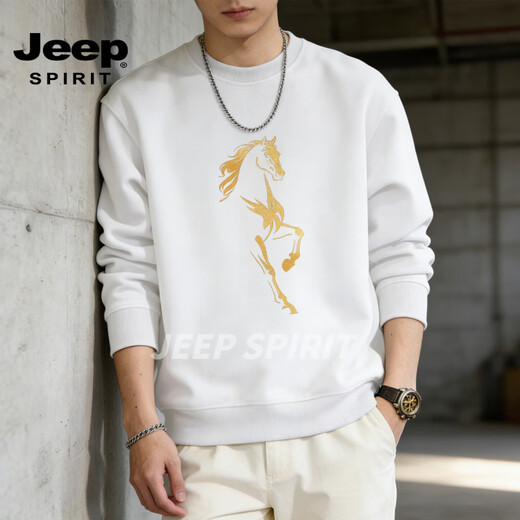 JEEP SPIRIT American heavyweight sweatshirt for men 2026 spring loose velvet thickened round neck long-sleeved bottoming shirt top white M
