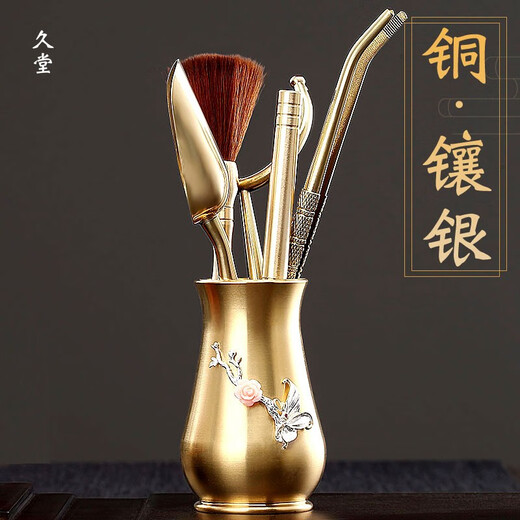 Jiutang silver-inlaid brass tea ceremony six gentlemen tea cup tea leaves tea clip tea knife needle tweezers tea spoon spatula set tea accessories brass inlaid silver six gentlemen orchid