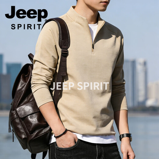 JEEP SPIRIT half zipper stand collar sweatshirt for men 2026 spring new solid color half cardigan casual jacket men's solid color casual khaki 3XL (54) 160 -175 Jin Jin is equal to 0.5 kg