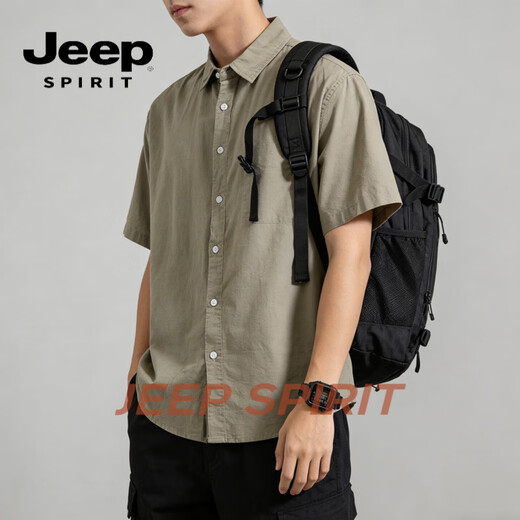 JEEP SPIRIT short-sleeved shirt for men 2026 summer loose Japanese style Hong Kong style simple versatile work shirt casual top green M (90-120Jin Jin equals 0.5 kg)
