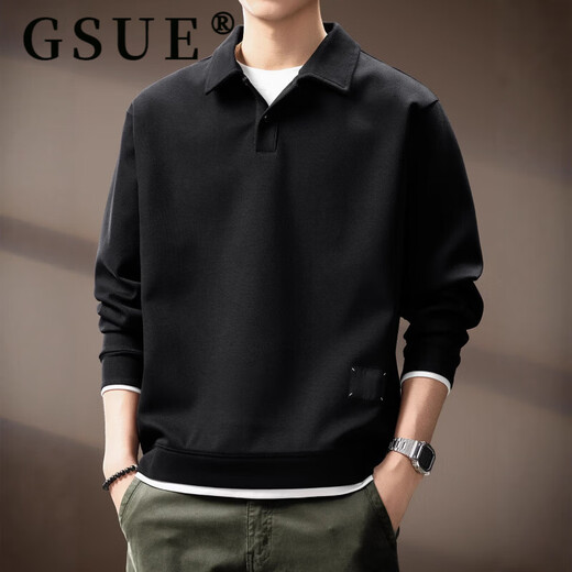 GSUE solid color heavyweight lapel sweatshirt for men 2026 spring and autumn new trendy loose long-sleeved Polo shirt for men black M suitable for 110-130Jin Jin equals 0.5 kg
