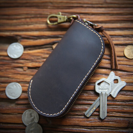 Cow raiser handmade retro head layer Crazy Horse Cowhide key bag Men's genuine leather simple zipper bag Mini waist padlock bag Dark brown - Crazy Horse Cowhide [single bag]