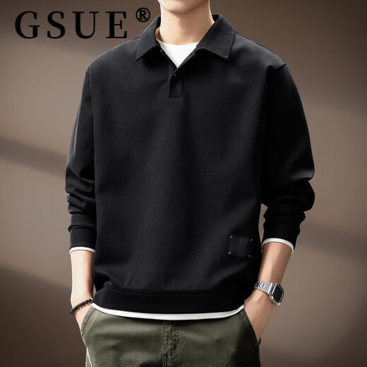 GSUE solid color heavyweight lapel sweatshirt for men 2026 spring and autumn new trendy loose long-sleeved Polo shirt for men black M suitable for 110-130Jin Jin equals 0.5 kg