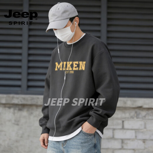 JEEP SPIRIT American heavyweight sweatshirt for men plus velvet loose trend versatile printed round neck pullover top jacket black S