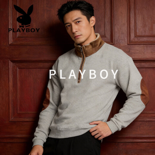 Playboy (PLAYBOY) 2026 European and American new style sweatshirt retro splicing embroidery half-cardigan men's long-sleeved sweatshirt outdoor casual sweatshirt black S 55-70