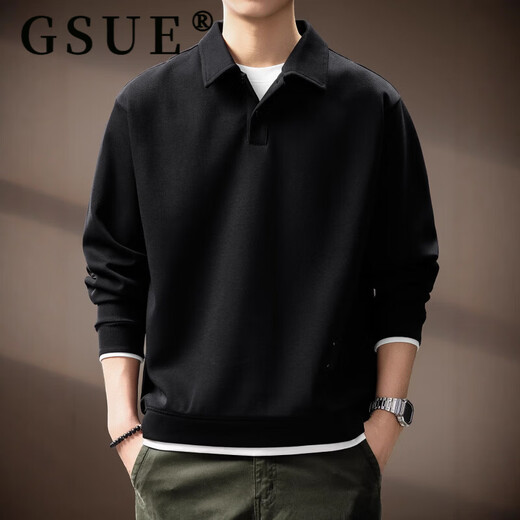 GSUE solid color heavyweight lapel sweatshirt for men 2026 spring and autumn new trendy loose long-sleeved Polo shirt for men black M suitable for 110-130Jin Jin equals 0.5 kg