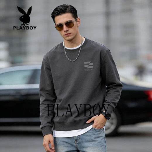 Playboy Round Neck Sweater Men's 2026 Spring New American Casual Loose Couple Tops Bottoming Shirt Long Sleeve Jacket Dark Gray S 95-120Jin Jin is equal to 0.5 kg