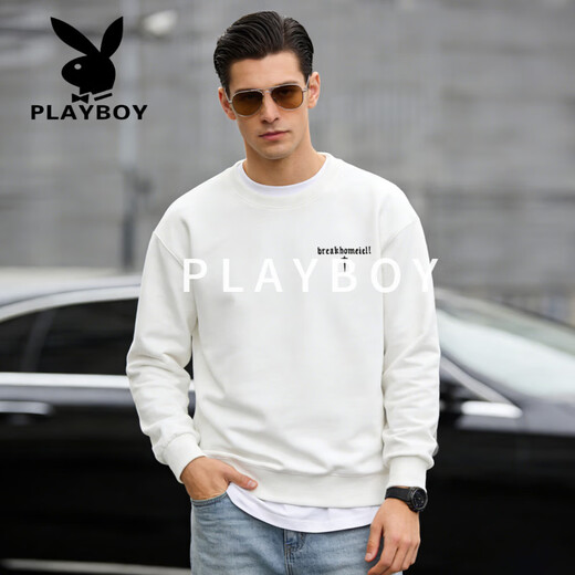 Playboy (PLAYBOY) American heavyweight round neck sweatshirt for men 2026 spring loose large size trendy velvet bottoming shirt top dark blue S recommended 95-120Jin Jin equals 0.5 kg