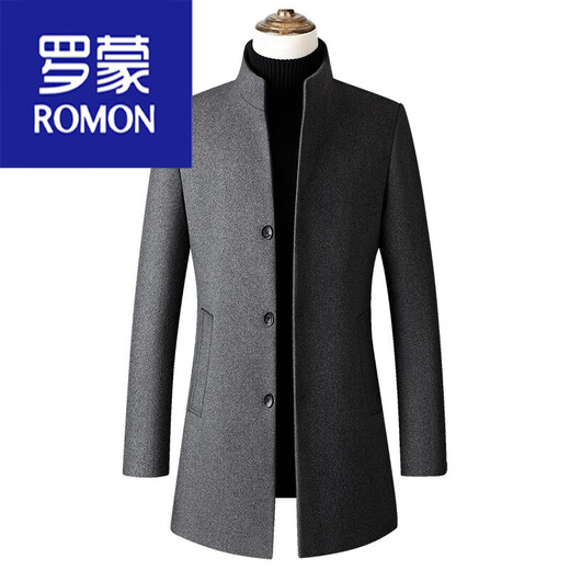 ROMON autumn and winter windbreaker men's woolen woolen coat men's medium-length British woolen coat Korean version slim fit stand-up collar trendy black/stand-up collar plus cotton plus. Thickness 9002 L /175 recommended 135Jin Jin equals within 0.5 kg
