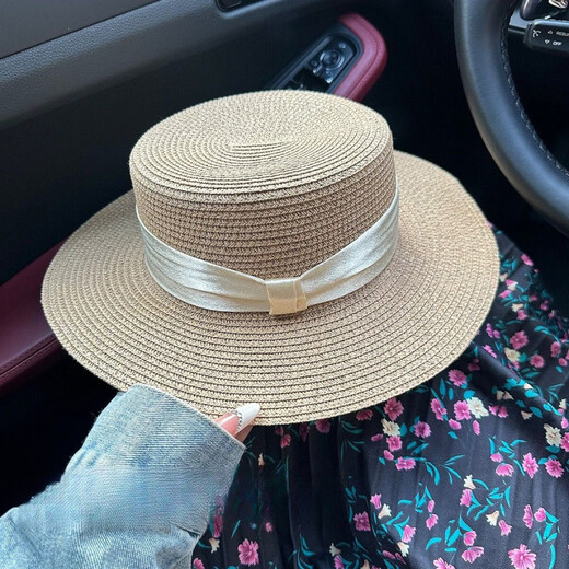 Hengyuanxiang 2026 new style French flat-top straw hat for women summer seaside large head circumference woven beach hat sun protection sun hat pure beige basic small brim flat hat #
