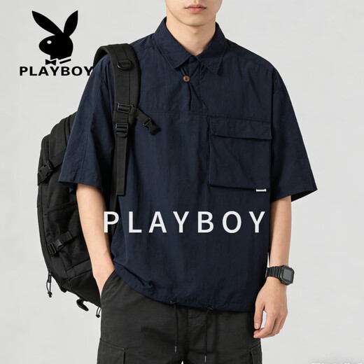Playboy (PLAYBOY) Camisa retro americana de manga corta para hombre 2026 marca de moda de verano camisa de media manga suelta y versátil tops casuales Marrón M 100-120Jin Jin equivale a 0,5 kg