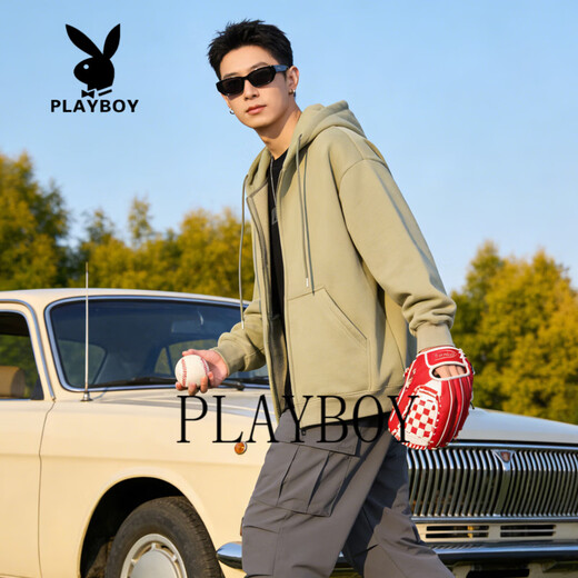 Playboy (PLAYBOY) American retro hooded zipper sweatshirt for men and women, 2026 spring and autumn loose casual couple jacket, light gray S recommended 85-105Jin Jin equals 0.5 kg