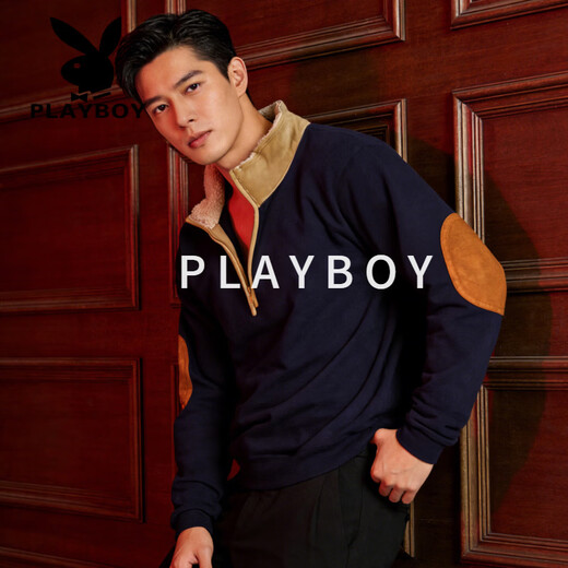 Playboy (PLAYBOY) 2026 European and American new style sweatshirt retro splicing embroidery half-cardigan men's long-sleeved sweatshirt outdoor casual sweatshirt black S 55-70