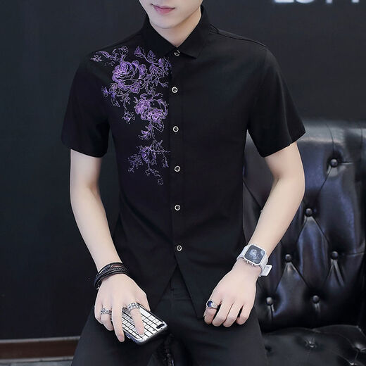 Yunhanye short-sleeved shirt men's Korean style trendy slim casual printed teenager summer half-sleeved shirt handsome shirt trendy 829 black high quality M suitable for 80-100Jin [Jin equals 0.5 kg]