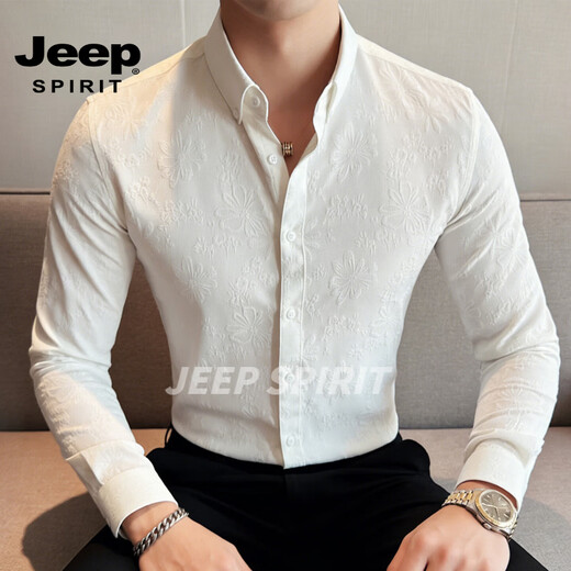 JEEP SPIRIT British style long-sleeved shirt men's business casual shirt slim-fitting non-iron printed top 2026 spring white S