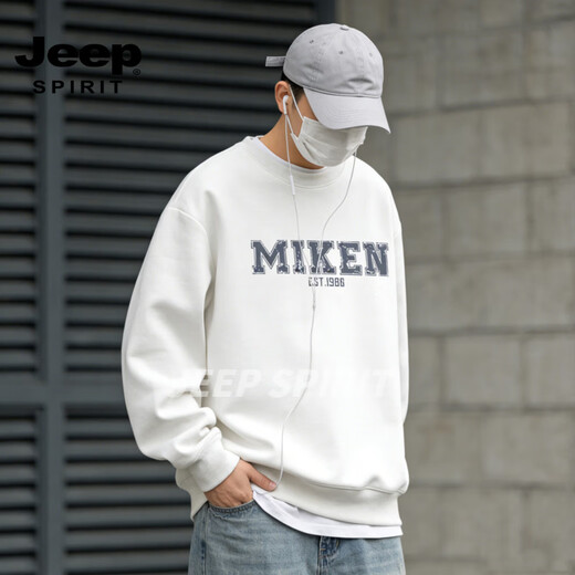 JEEP SPIRIT American heavyweight sweatshirt for men plus velvet loose trend versatile printed round neck pullover top jacket black S