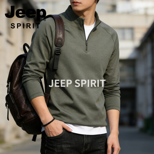 JEEP SPIRIT half zipper stand collar sweatshirt for men 2026 spring new solid color half cardigan casual jacket men's solid color casual khaki 3XL (54) 160 -175 Jin Jin is equal to 0.5 kg
