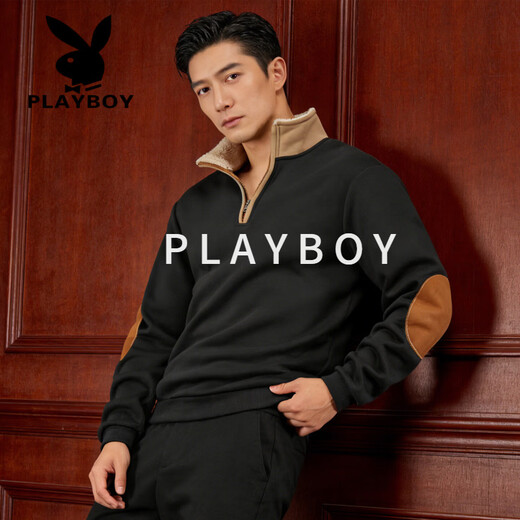 Playboy (PLAYBOY) 2026 European and American new style sweatshirt retro splicing embroidery half-cardigan men's long-sleeved sweatshirt outdoor casual sweatshirt black S 55-70