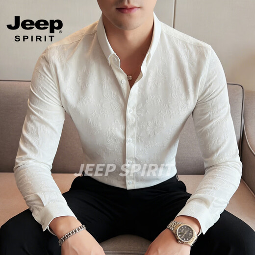 JEEP SPIRIT British style long-sleeved shirt men's business casual shirt slim-fitting non-iron printed top 2026 spring white S