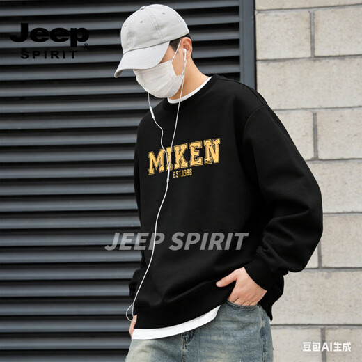 JEEP SPIRIT American heavyweight sweatshirt for men plus velvet loose trend versatile printed round neck pullover top jacket black S