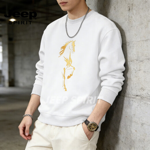 JEEP SPIRIT American heavyweight sweatshirt for men 2026 spring loose velvet thickened round neck long-sleeved bottoming shirt top white M