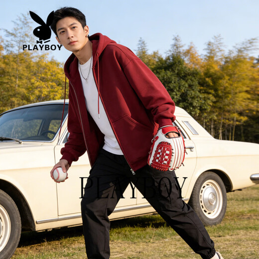 Playboy (PLAYBOY) American retro hooded zipper sweatshirt for men and women, 2026 spring and autumn loose casual couple jacket, light gray S recommended 85-105Jin Jin equals 0.5 kg