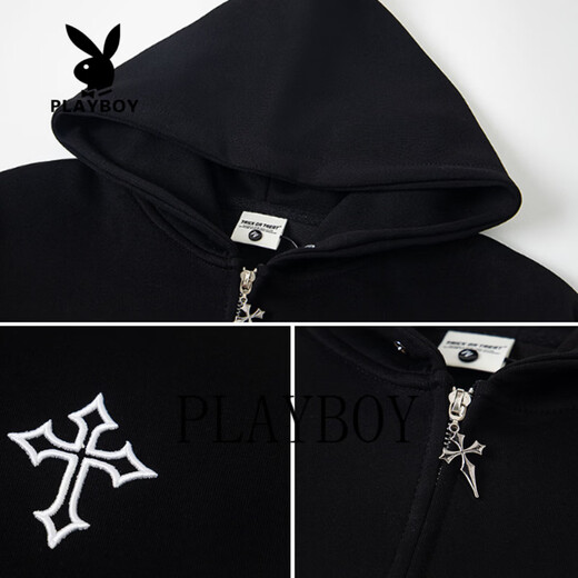 Playboy heavyweight trendy brand hooded cardigan sweatshirt for men 2026 spring and autumn loose casual versatile jacket men's top black S 85-105