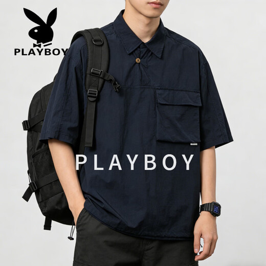 Playboy (PLAYBOY) Camisa retro americana de manga corta para hombre 2026 marca de moda de verano camisa de media manga suelta y versátil tops casuales Marrón M 100-120Jin Jin equivale a 0,5 kg