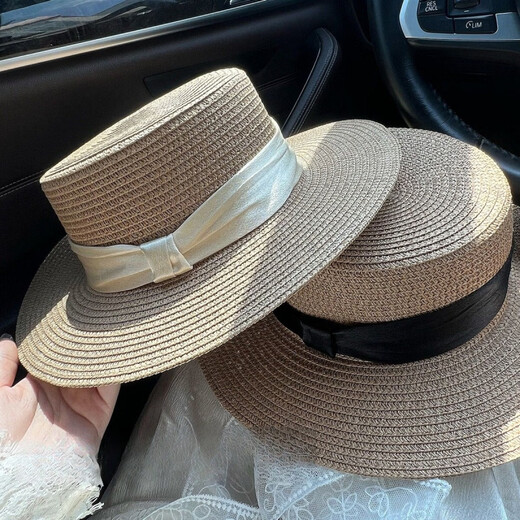 Hengyuanxiang 2026 new style French flat-top straw hat for women summer seaside large head circumference woven beach hat sun protection sun hat pure beige basic small brim flat hat #