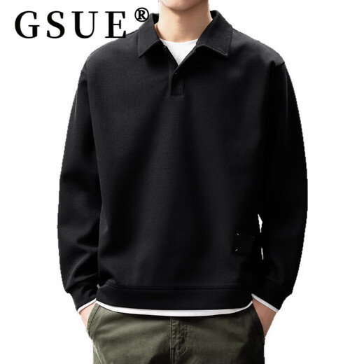 GSUE solid color heavyweight lapel sweatshirt for men 2026 spring and autumn new trendy loose long-sleeved Polo shirt for men black M suitable for 110-130Jin Jin equals 0.5 kg