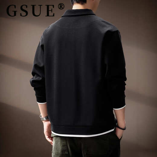 GSUE solid color heavyweight lapel sweatshirt for men 2026 spring and autumn new trendy loose long-sleeved Polo shirt for men black M suitable for 110-130Jin Jin equals 0.5 kg