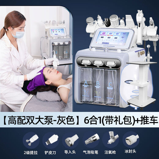 Small bubble instrument institute's special hydrogen and oxygen bubble oxygen injection device for cleaning pores and blackheads, high-end dual pump gray 6-in-1 + cart with gift