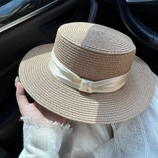 Hengyuanxiang 2026 new style French flat-top straw hat for women summer seaside large head circumference woven beach hat sun protection sun hat pure beige basic small brim flat hat #