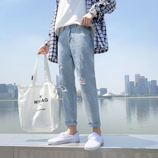 朵弦裤子男夏季宽松直筒乞丐破洞牛仔裤男九分裤学生韩版潮流百搭男裤 679/o破洞款 S